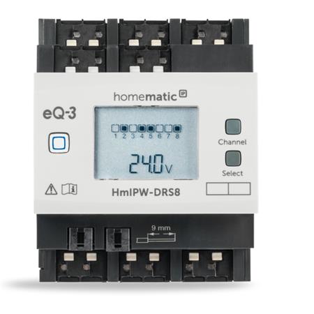 HmIPW-DRS8 Drátový spínací akční člen s LCD - až 80 A, na DIN lištu, 8 kanálů